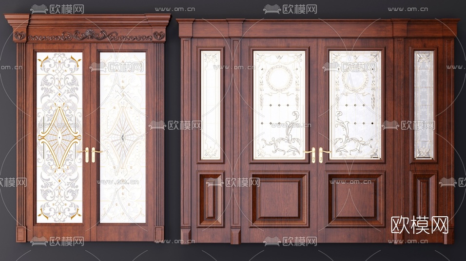 美式实木玻璃双开门3d模型下载