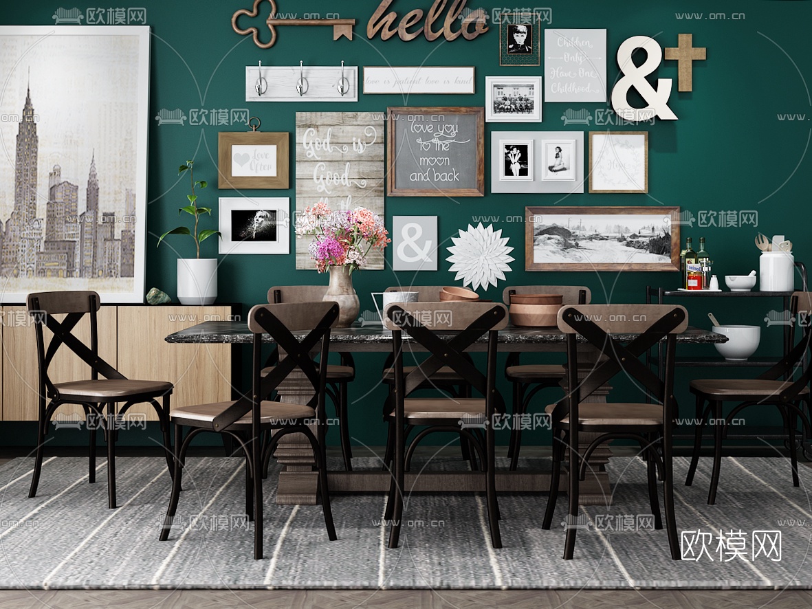 工业风餐桌椅装饰画组合3D模型下载