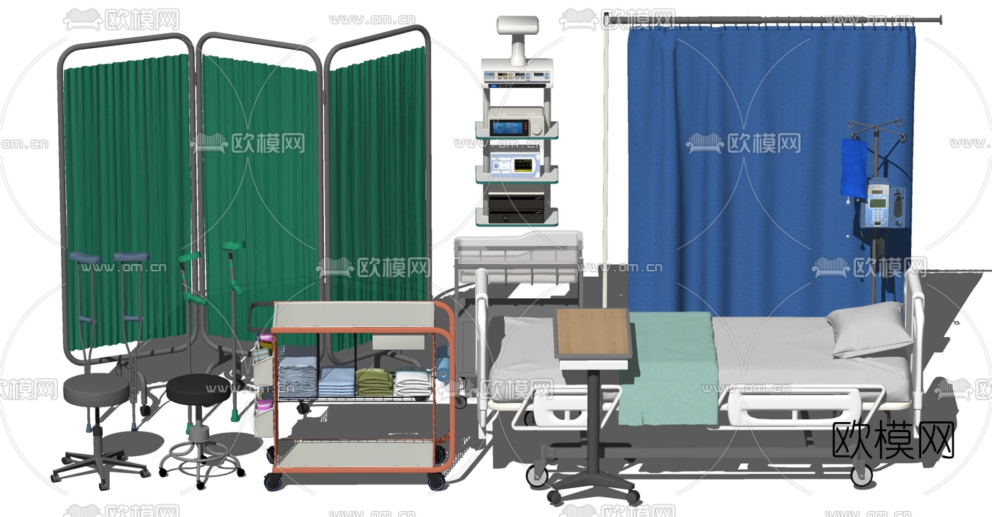 现代病床医疗器械su模型下载（渲染图1）