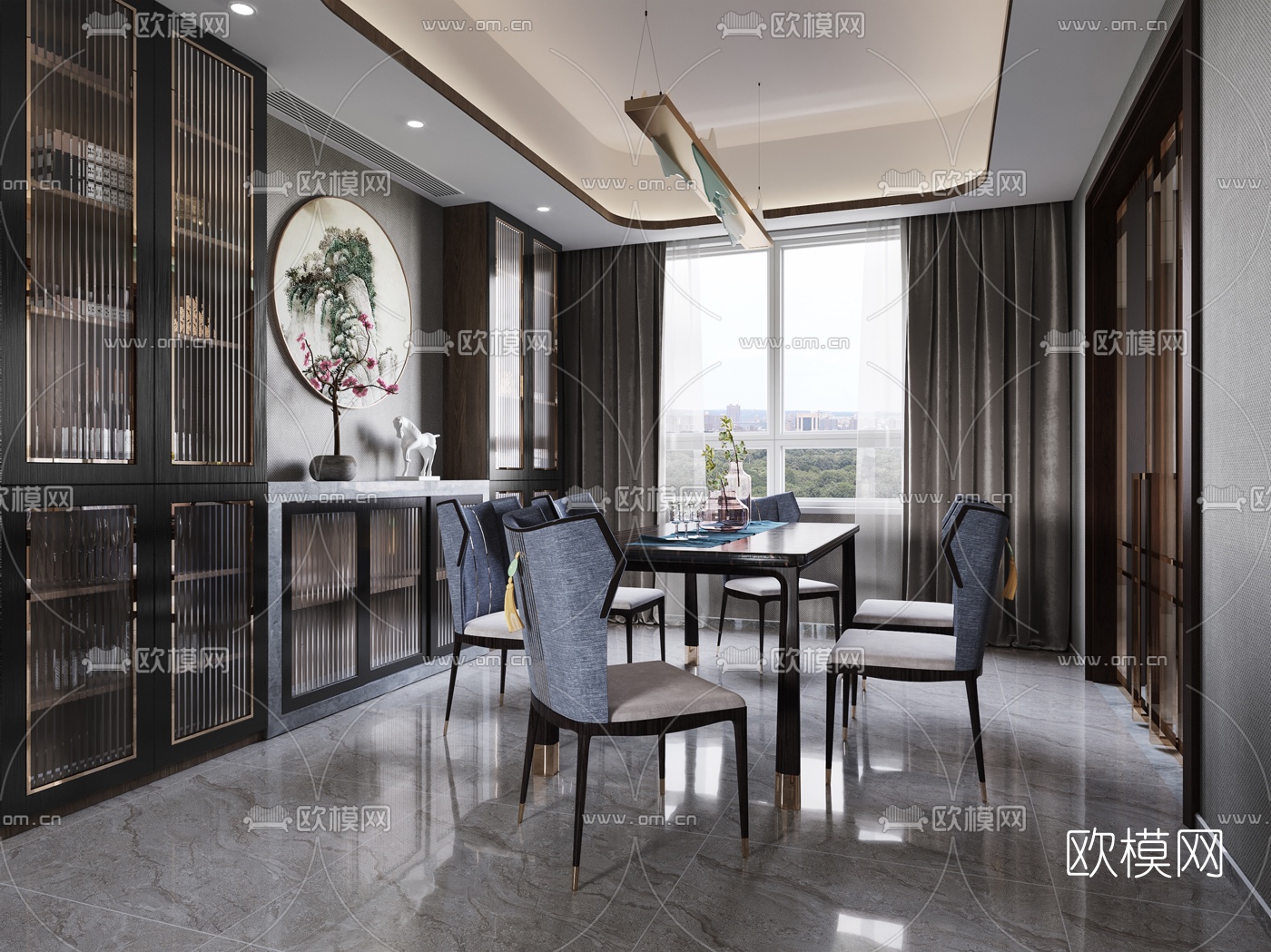 新中式客厅餐厅3d模型下载（渲染图4）