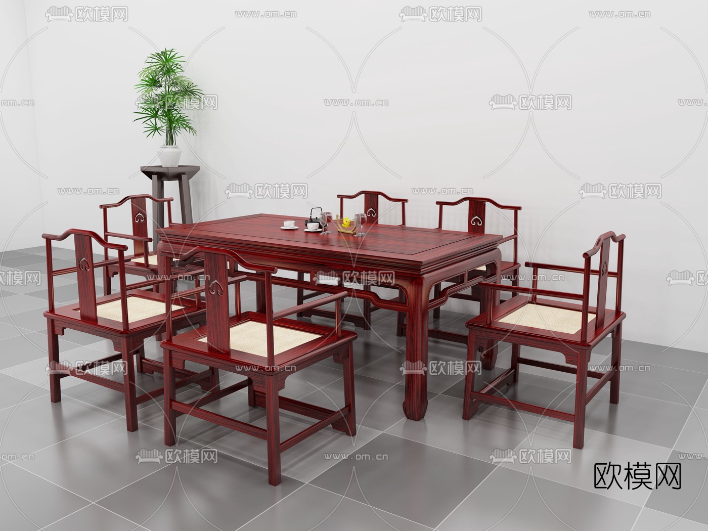 中式长形餐桌椅3d模型下载（渲染图1）