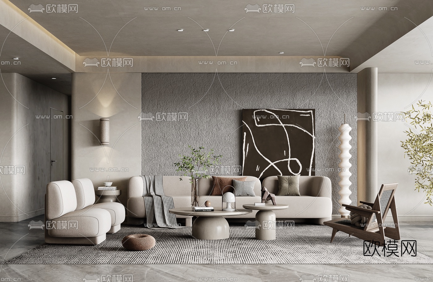 侘寂布艺沙发组合3d模型下载