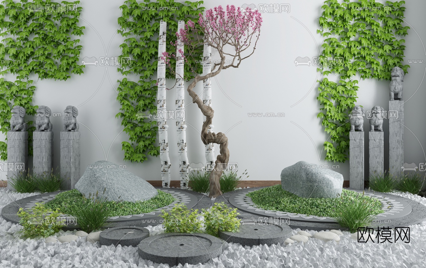 新中式藤蔓景观树石狮雕塑组合3D模型-免费3dmax模型库-欧模网