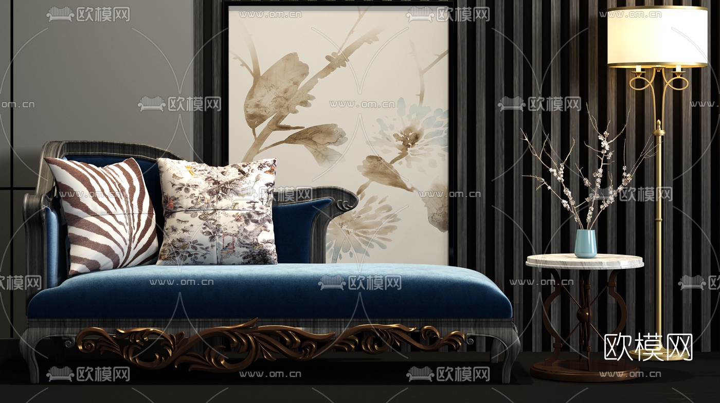 简欧实木绒布贵妃椅3d模型下载