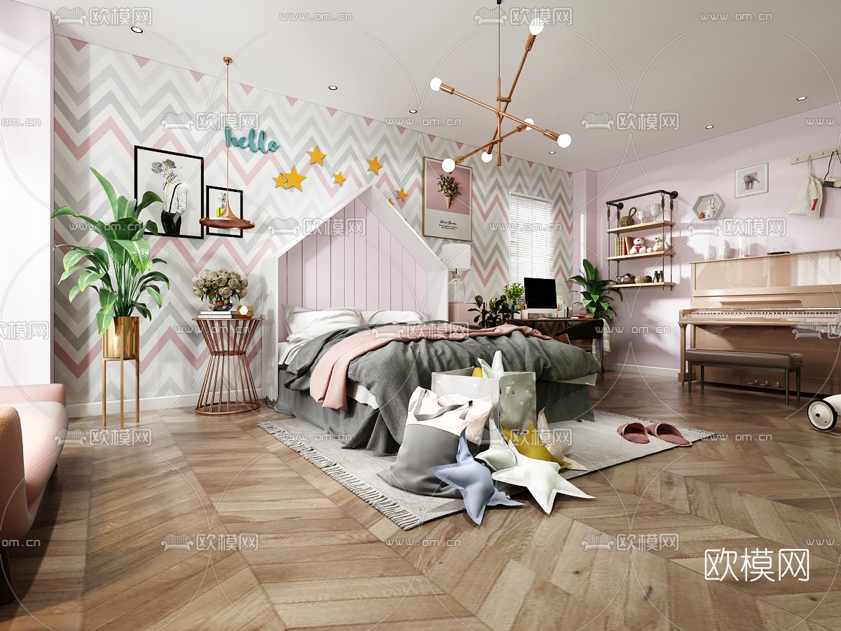北欧卧室女孩房3D模型