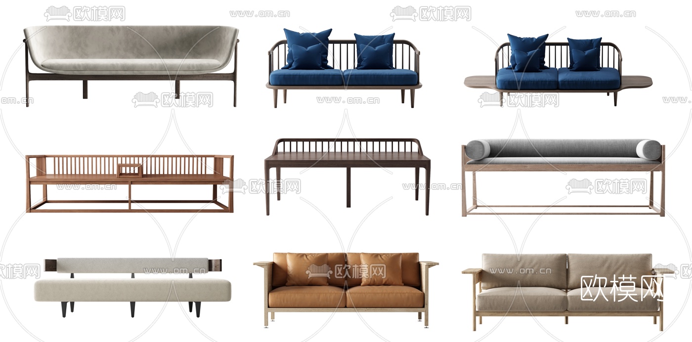 新中式布艺双人沙发su模型下载（渲染图1）