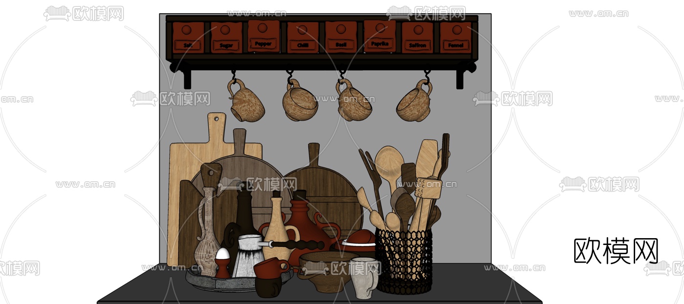 现代实木器皿碗勺餐具组合su模型下载