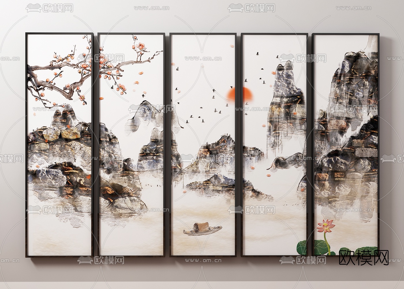 新中式水墨山水挂画3d模型