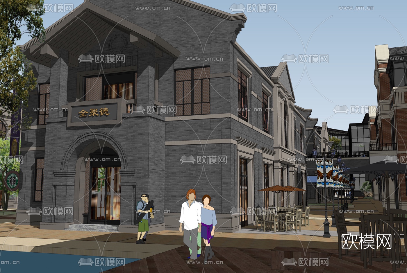 中式民国风酒吧商业街su模型下载（渲染图2）