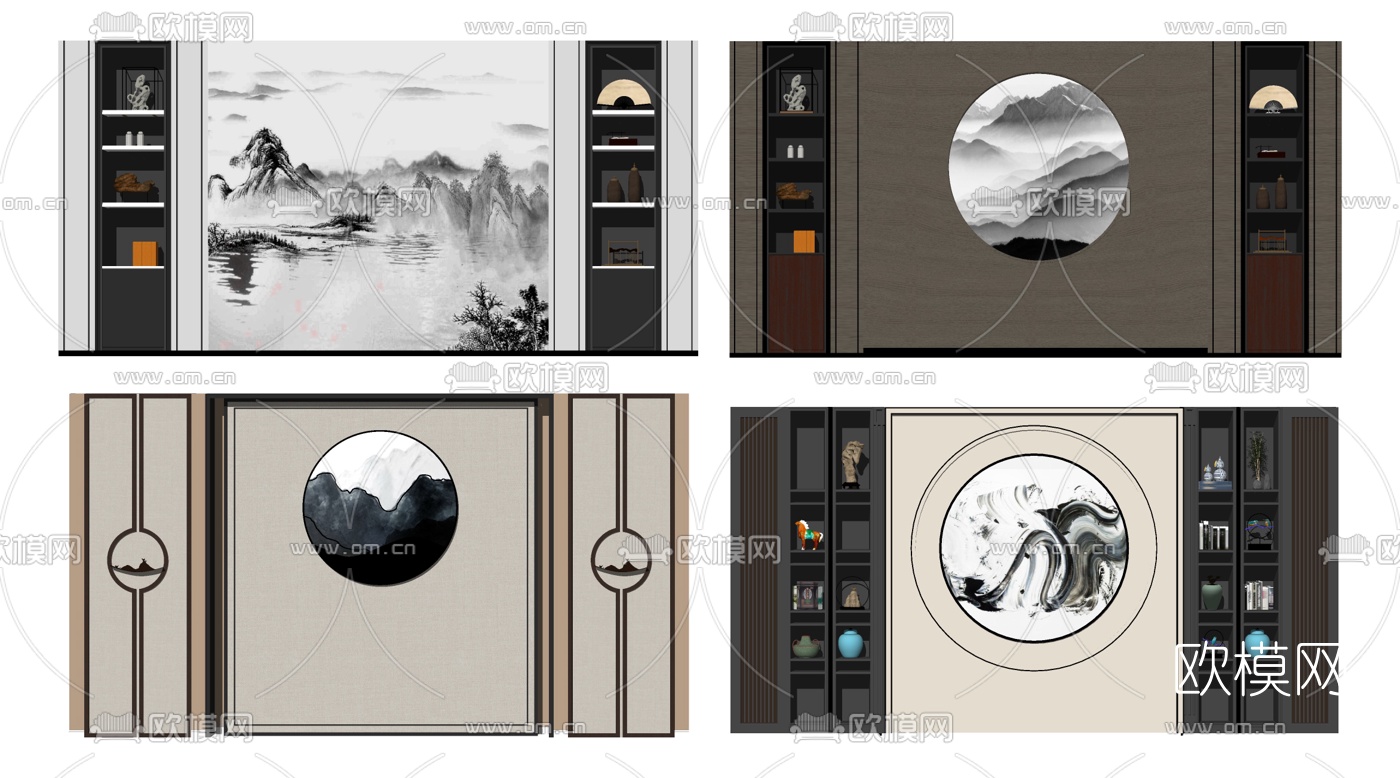 新中式电视背景墙su模型下载