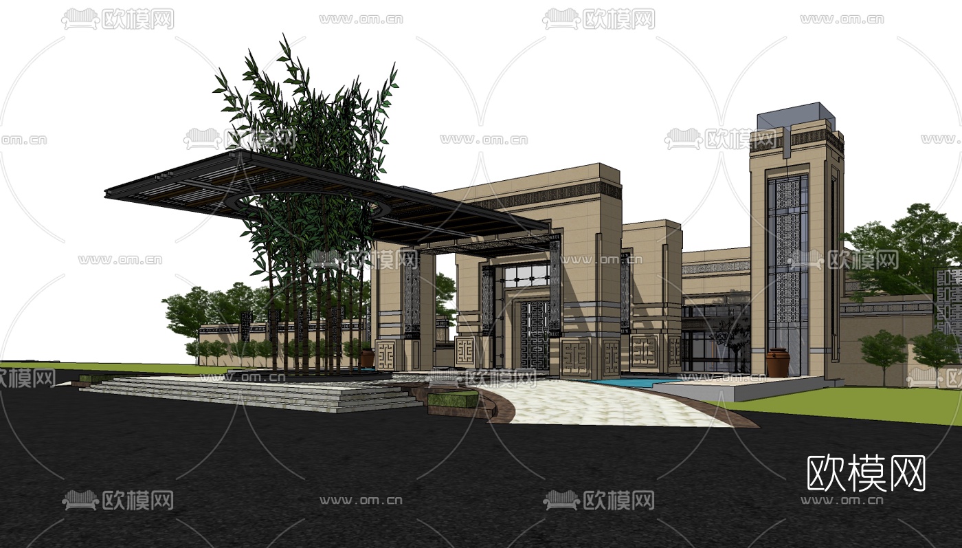 中式休闲会所su模型下载（渲染图1）