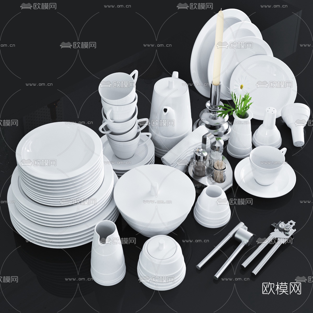 现代陶瓷餐具组合3d模型下载（渲染图1）