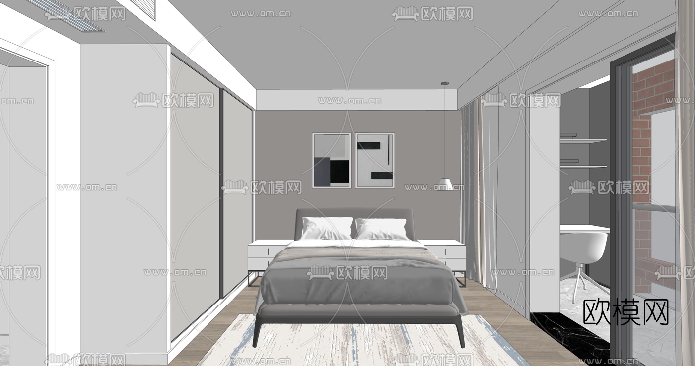 现代高级灰客厅餐厅su模型下载（渲染图3）