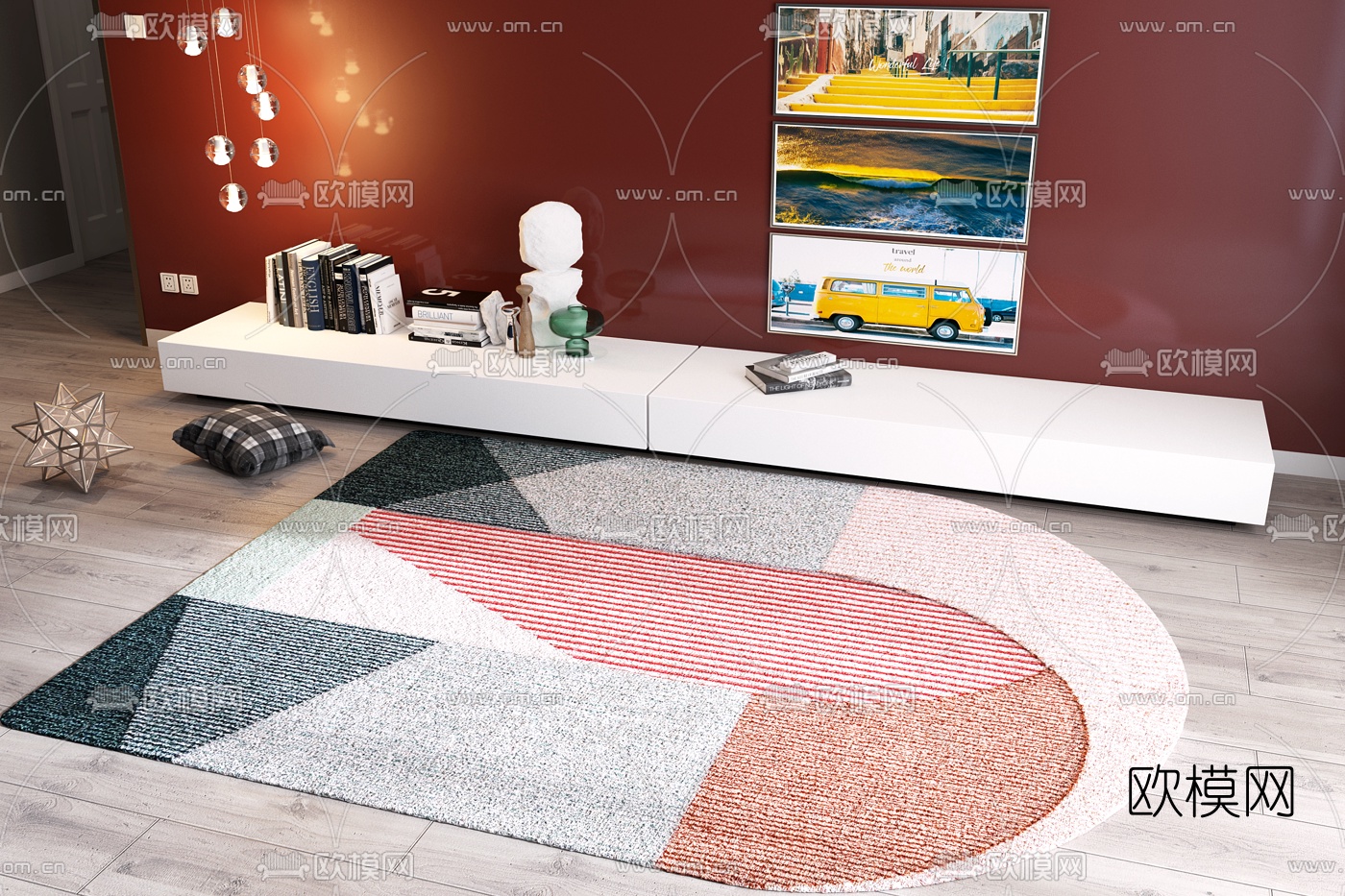 现代布艺地毯挂画电视柜组合3d模型下载