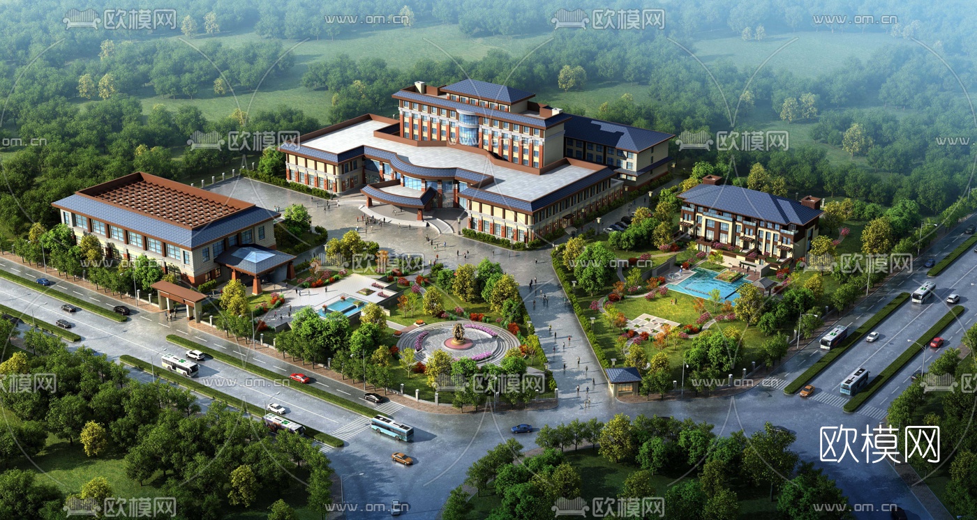 新中式酒店鸟瞰3d模型下载