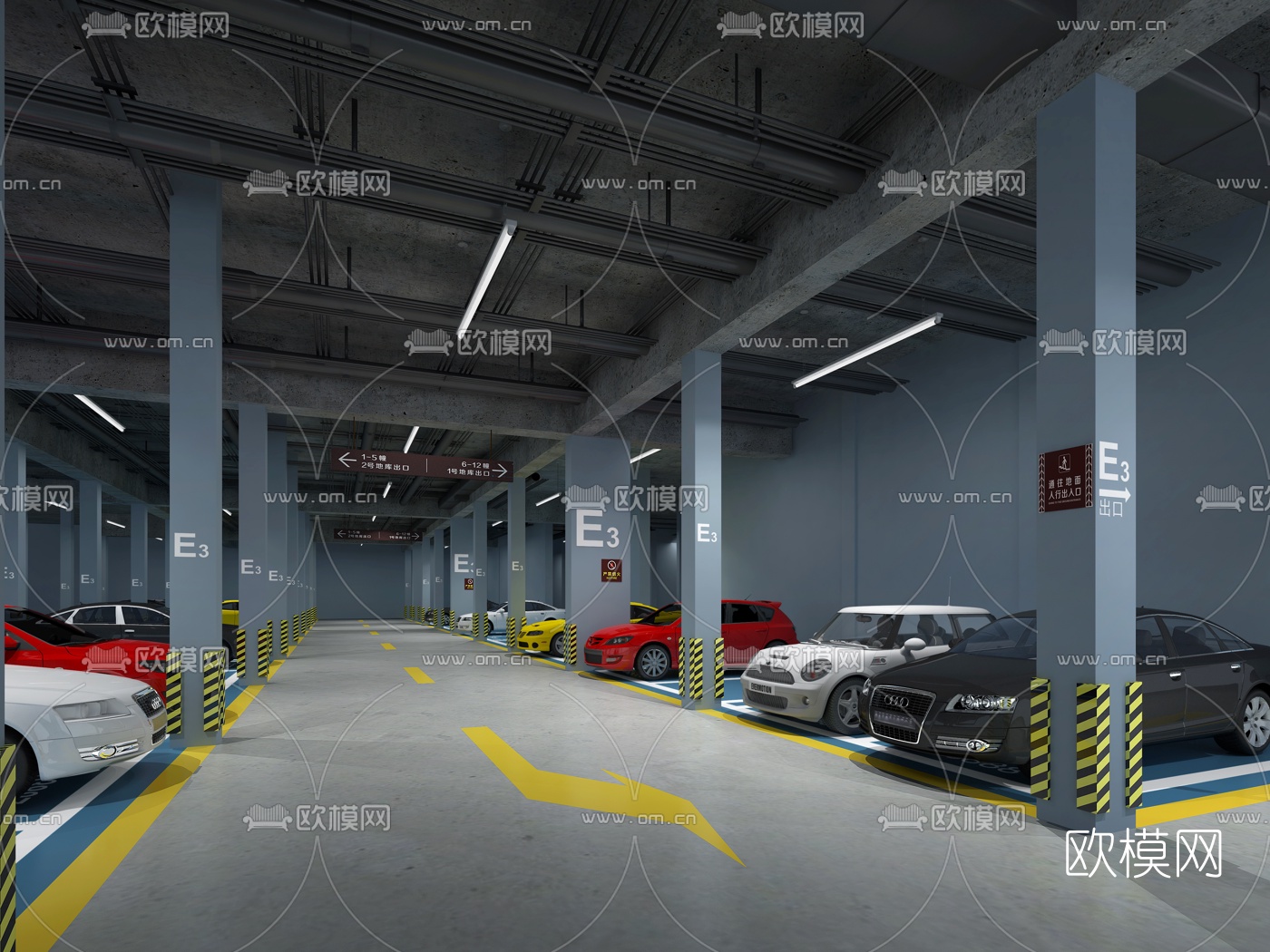 现代地下停车场车库3d模型下载