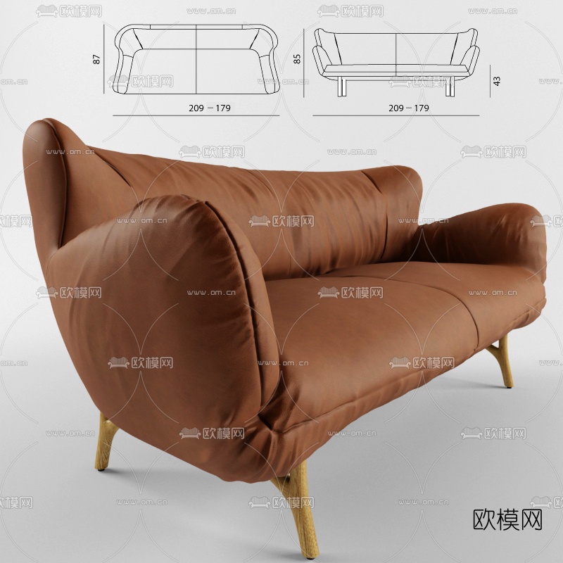 北欧棕色皮革双人沙发3D模型