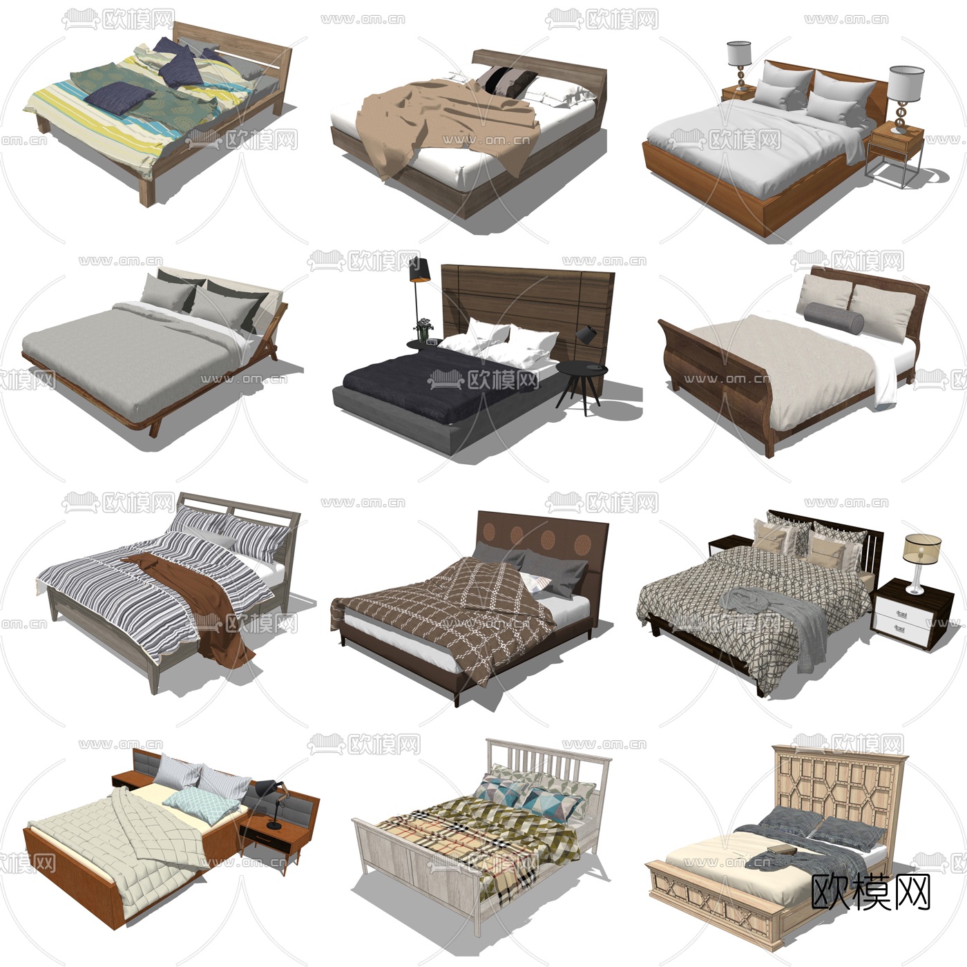 现代双人床组合su模型下载