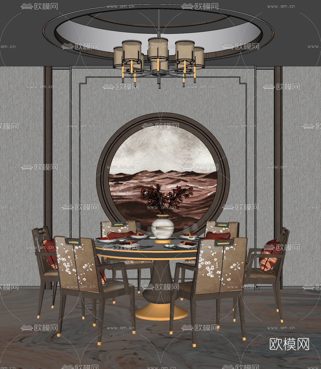 新中式餐厅su模型下载（渲染图2）