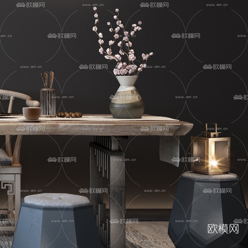 新中式实木泡茶桌椅3D模型