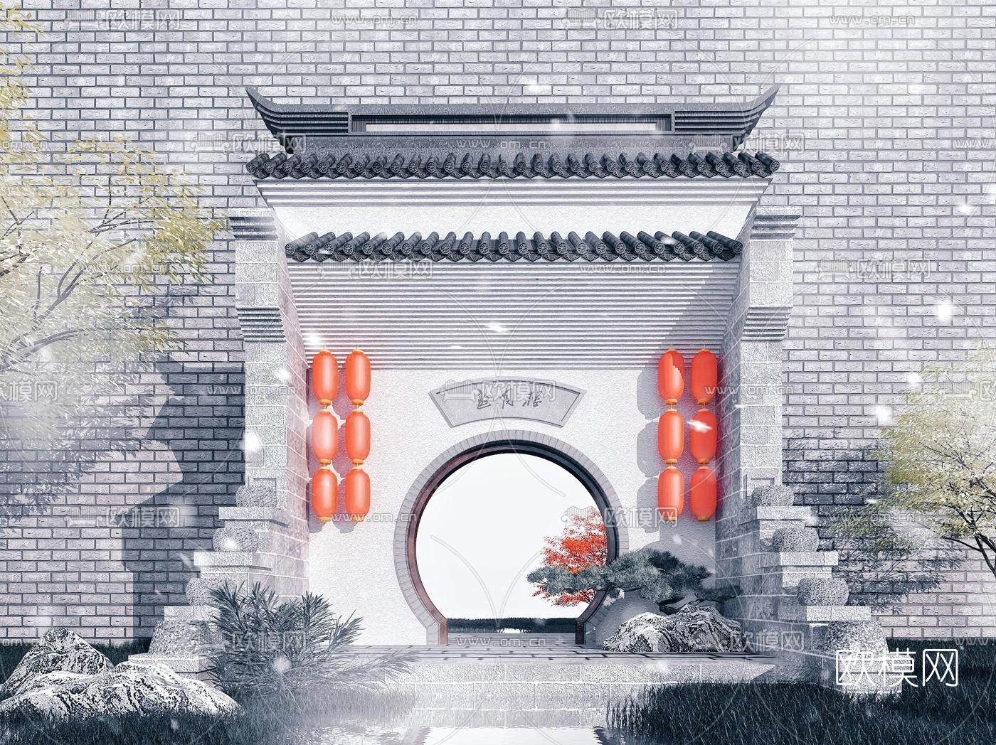 中式月洞门庭院入口3d模型下载
