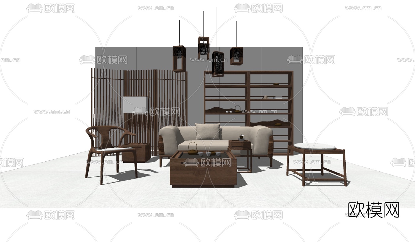 新中式沙发组合su模型下载（渲染图1）