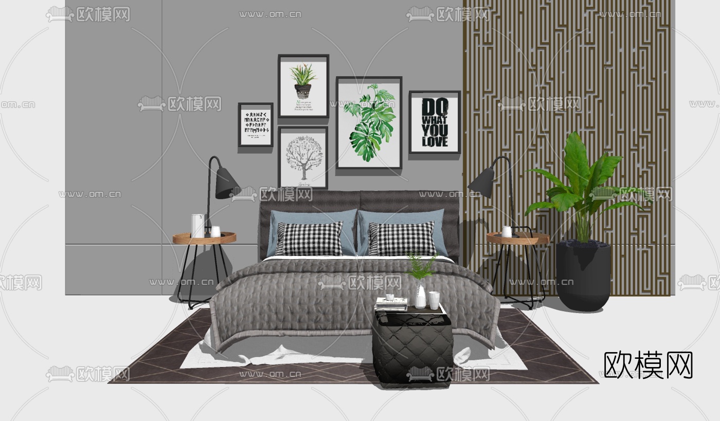 北欧双人床su模型下载（渲染图2）