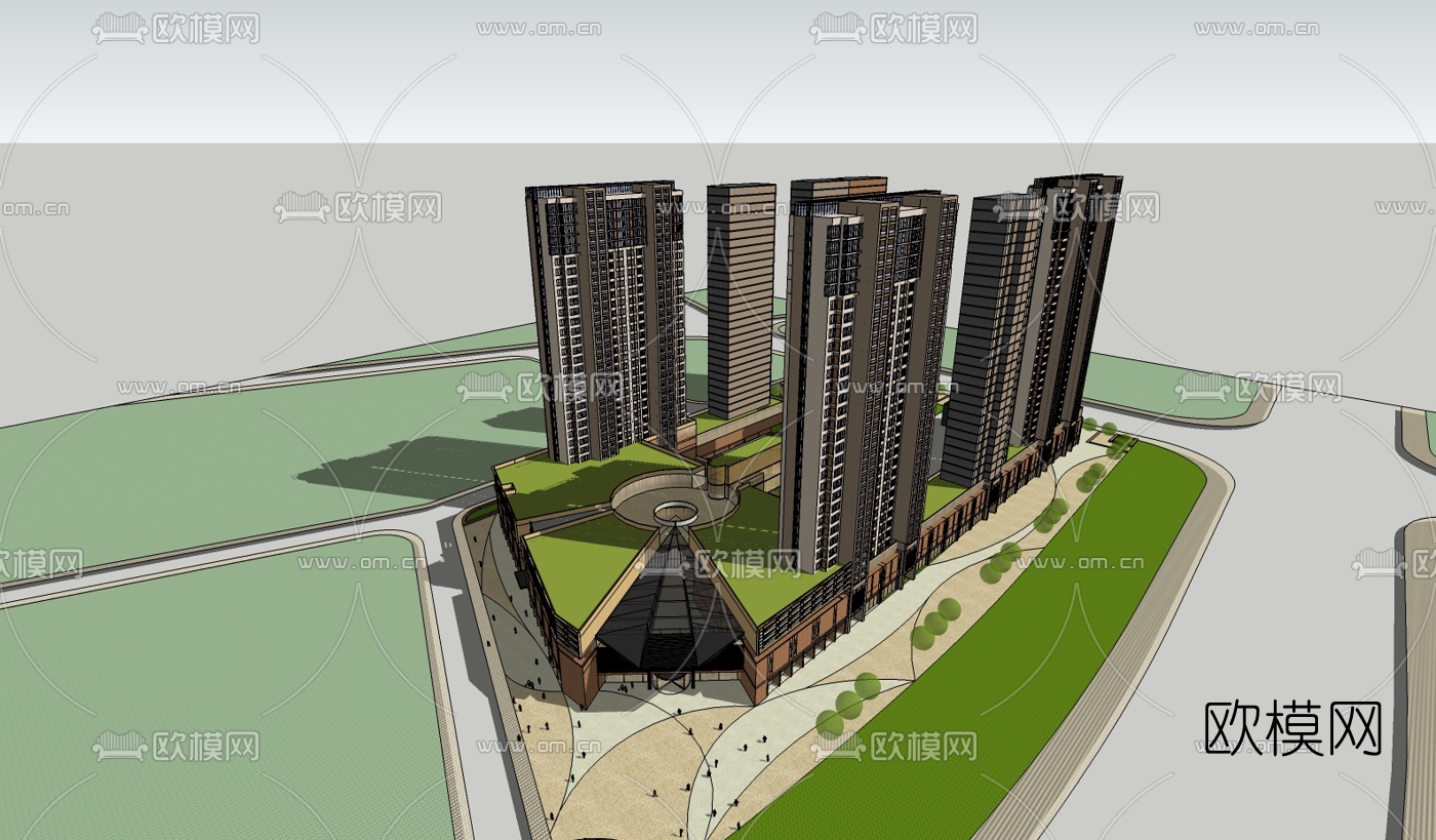现代商住综合楼su模型下载（渲染图2）