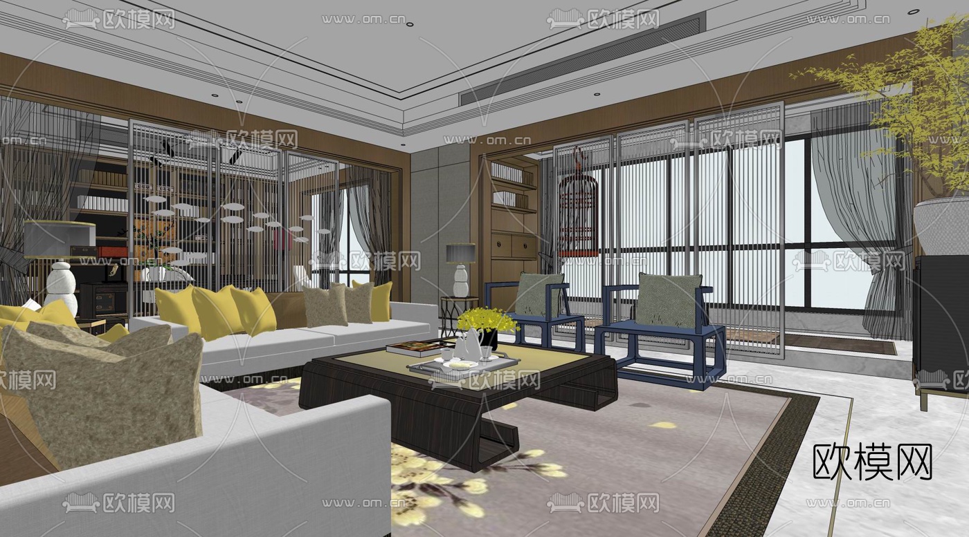 新中式客餐厅su模型下载（渲染图9）