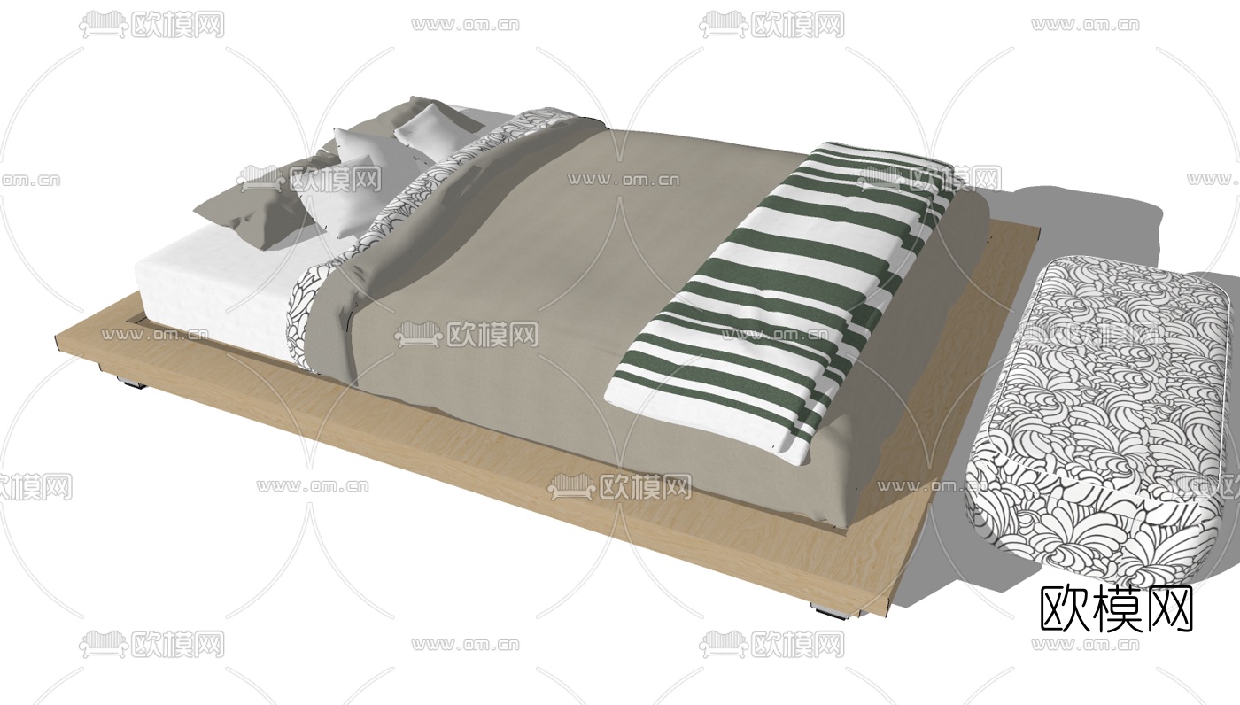 现代简约双人床免费su模型下载（渲染图1）