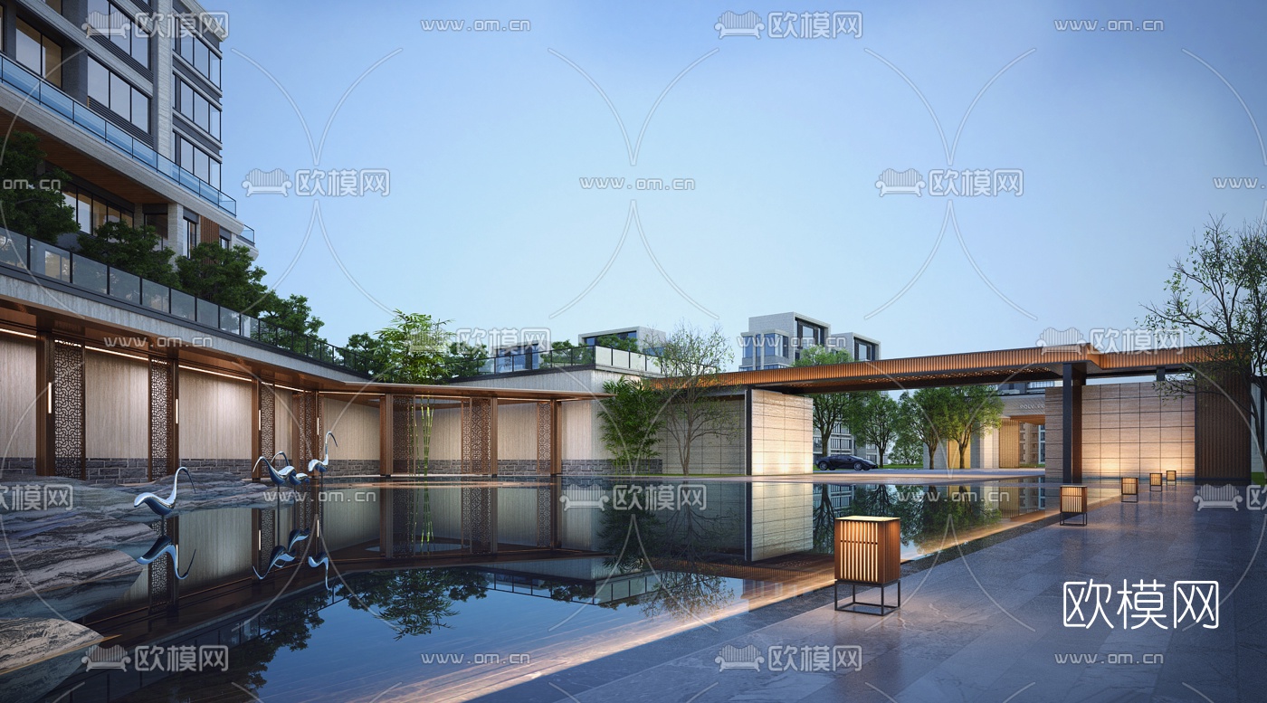 中式园林水池3d模型下载