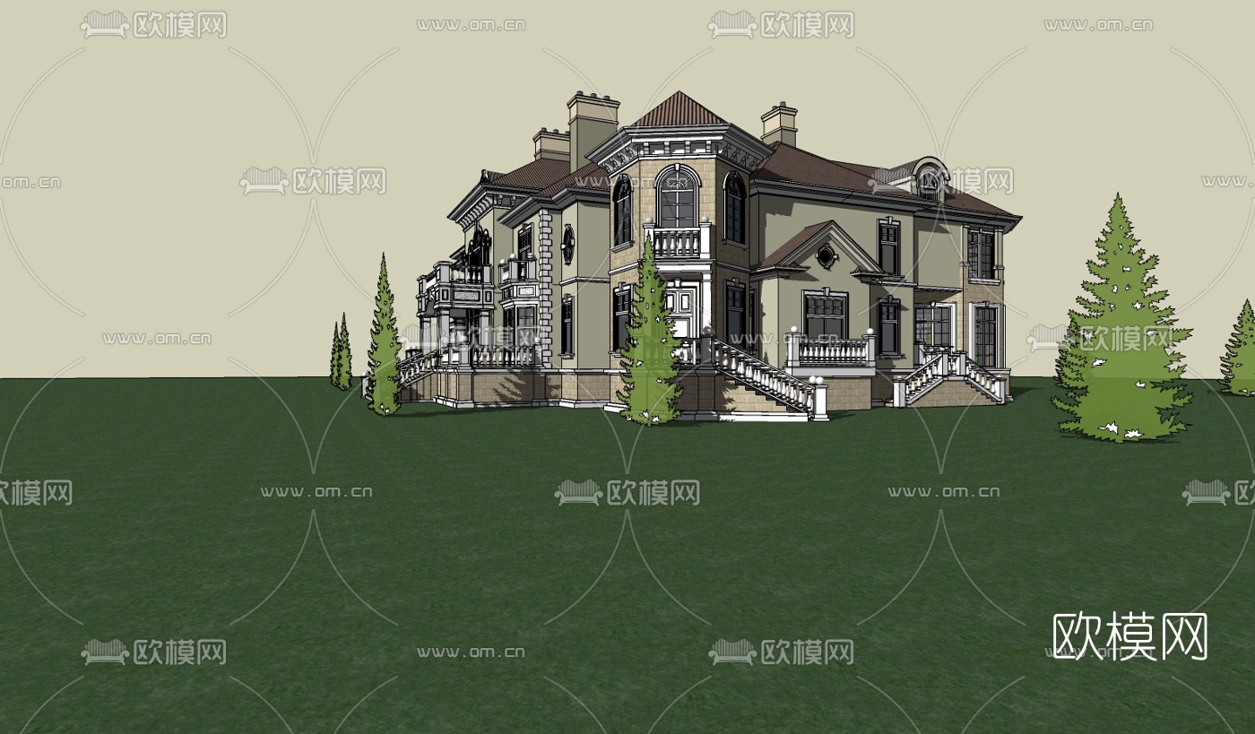 欧式独栋别墅su模型下载（渲染图2）
