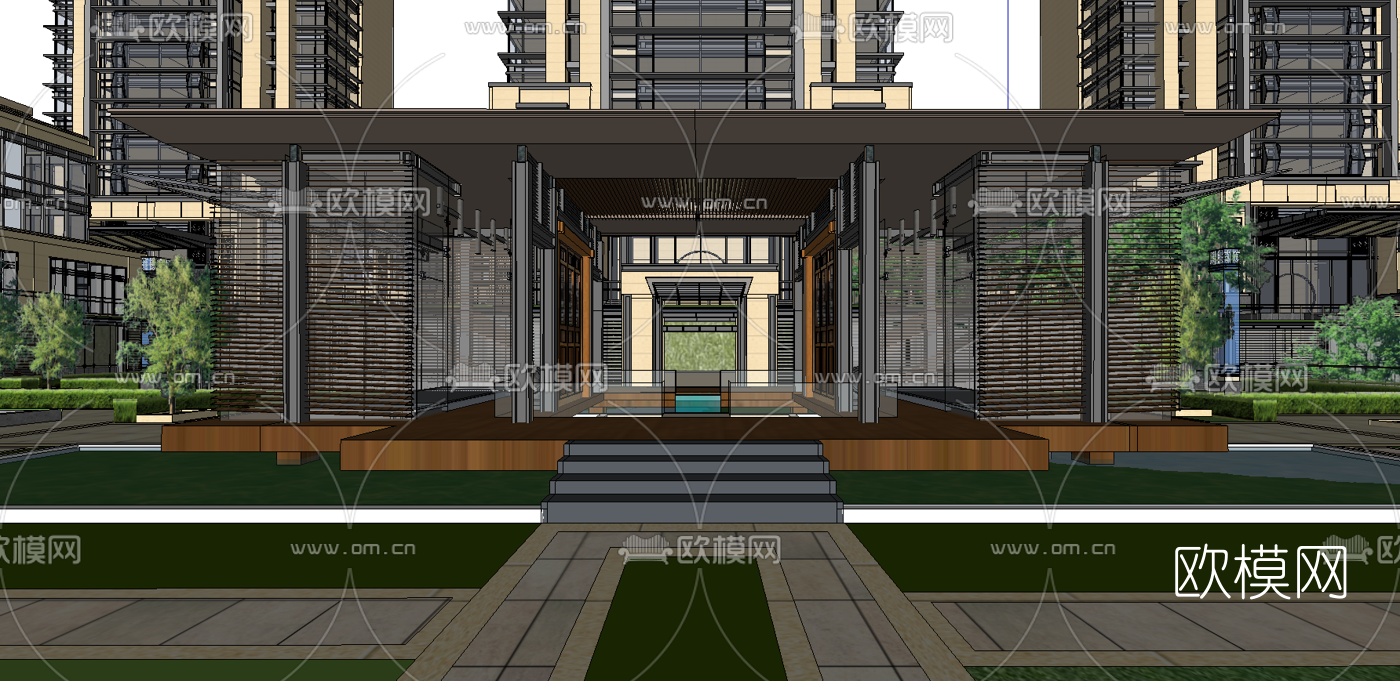 新中式小区规划su模型下载（渲染图1）