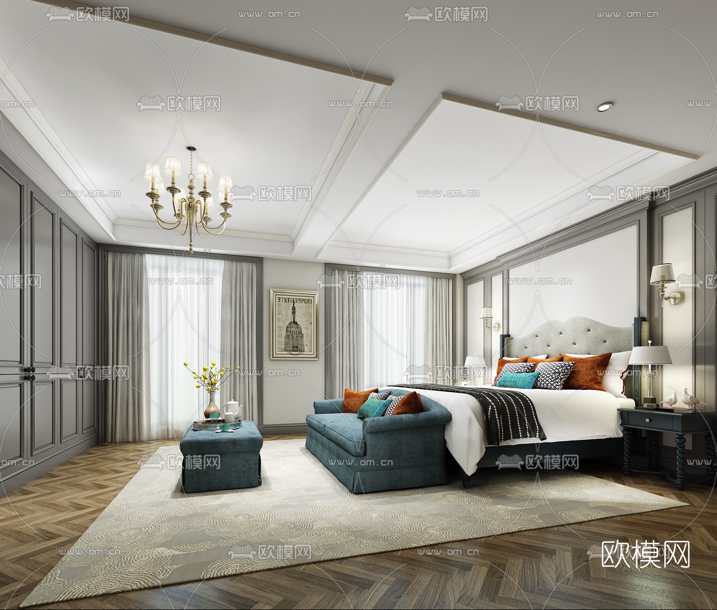 简欧主人房3D模型-免费3dmax模型库-欧模网