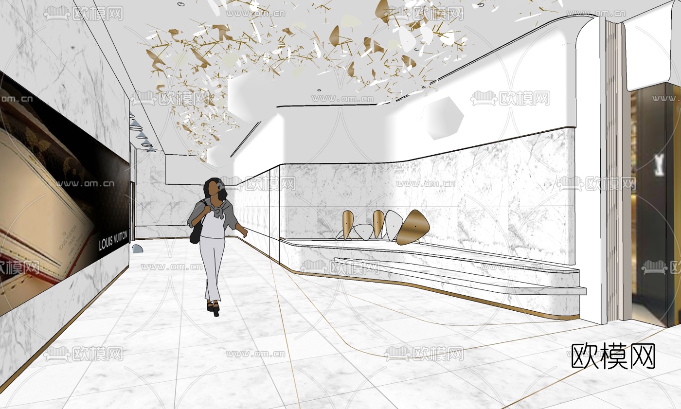 现代写字楼电梯厅su模型下载（渲染图3）