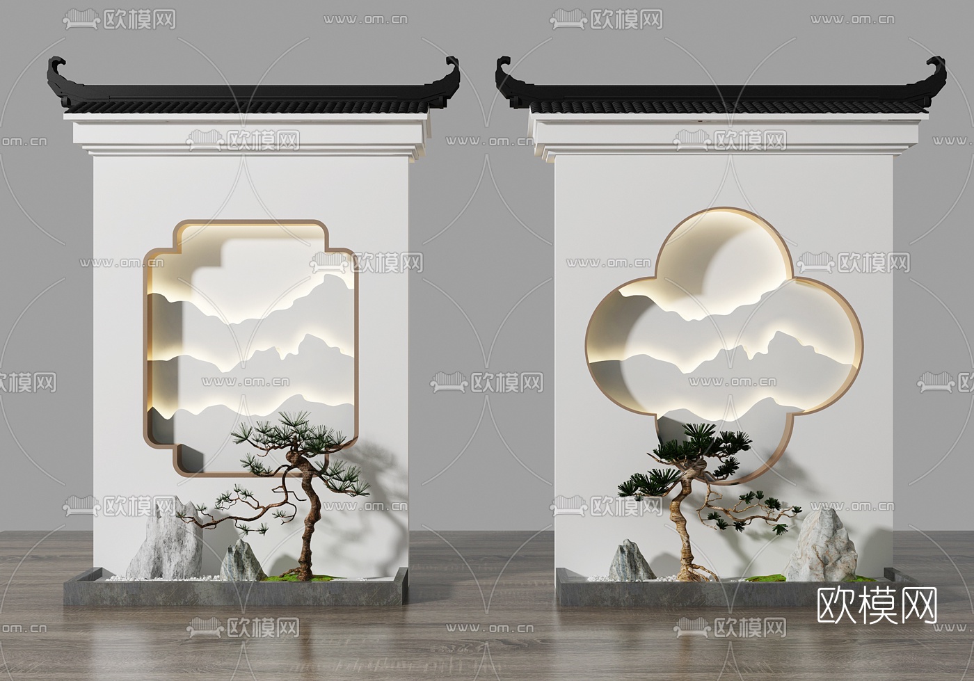 中式假山松树马头墙园艺小品3d模型下载