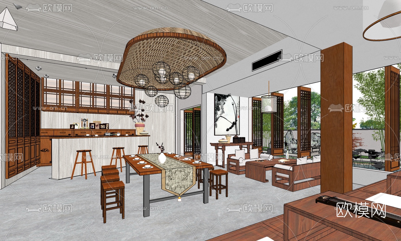 中式会所餐厅su模型下载（渲染图4）