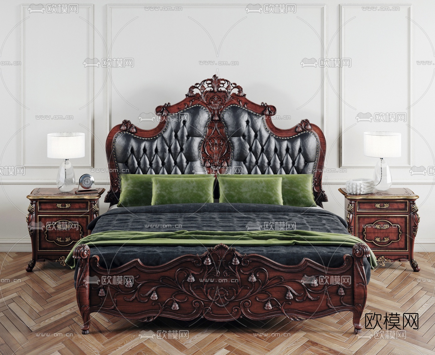 法式实木皮革双人床床头柜台灯组合3D模型下载