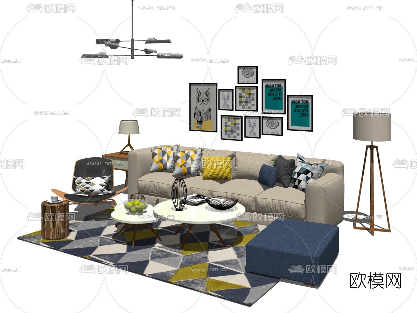 北欧布艺沙发组合su模型下载（渲染图4）