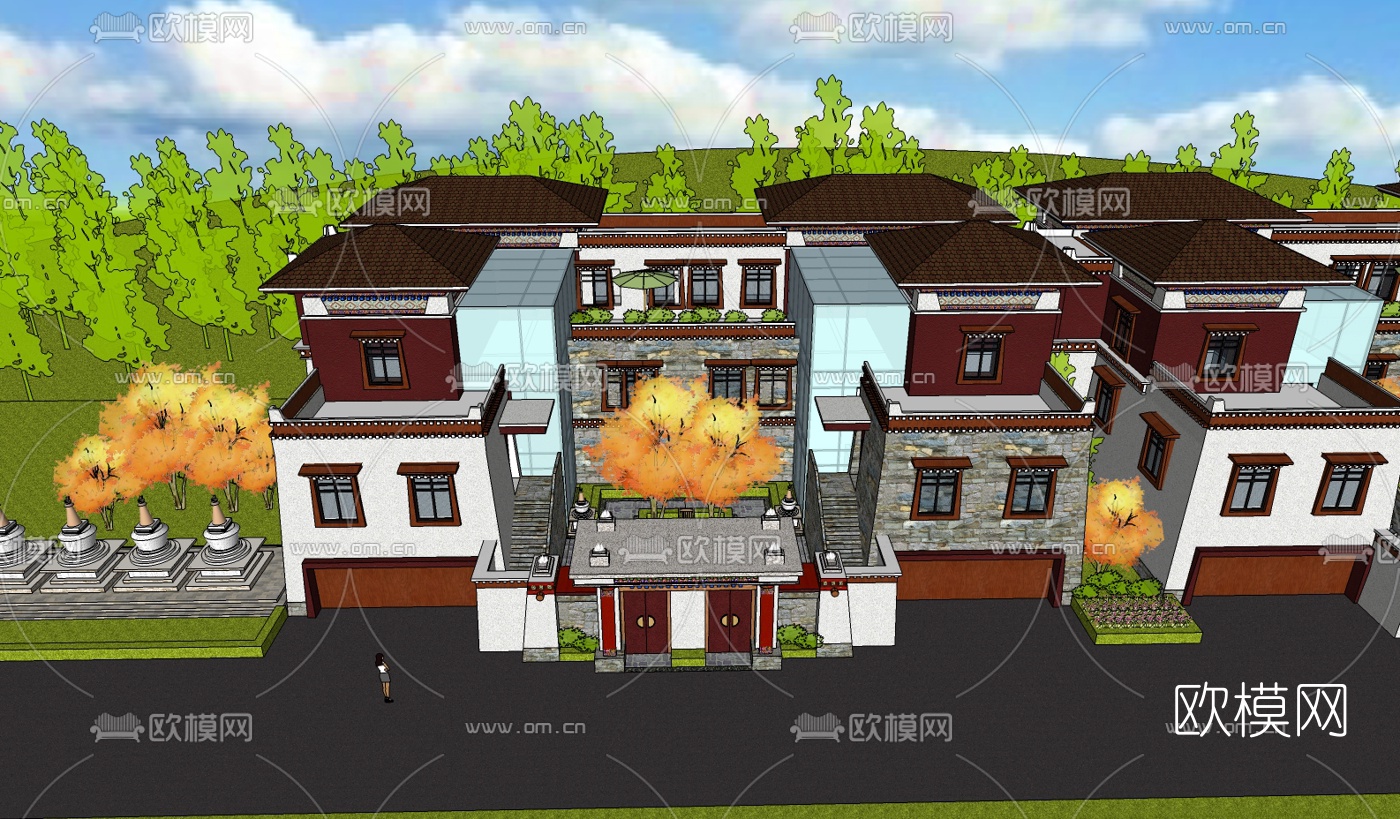 藏式连排别墅su模型下载（渲染图3）
