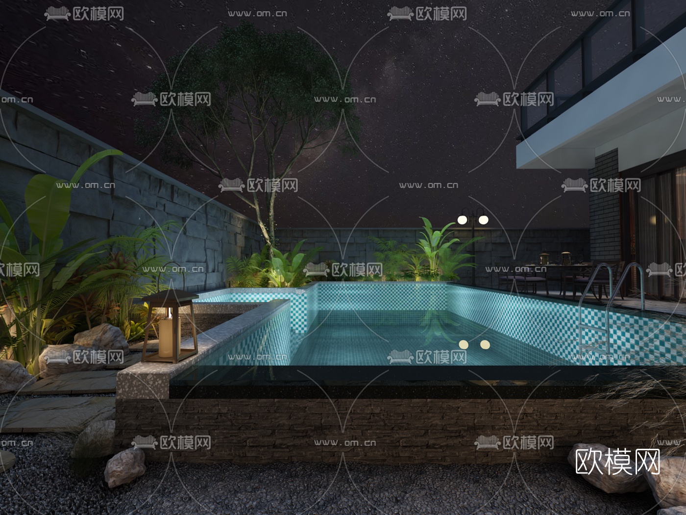 现代庭院泳池花园3d模型下载