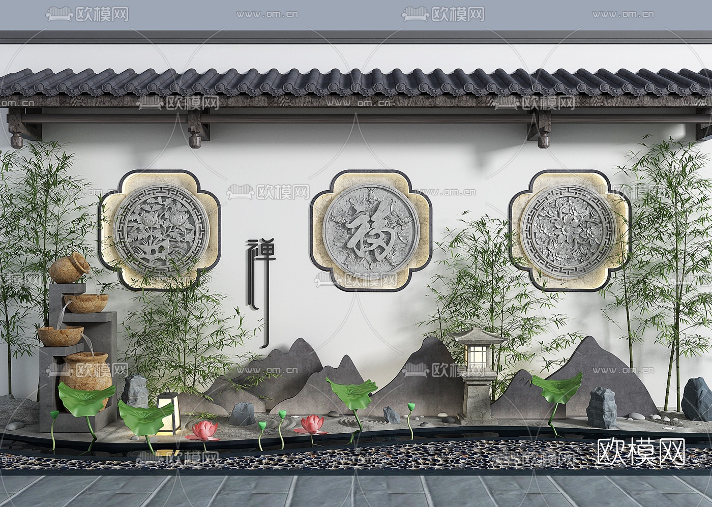 新中式园艺小品假山竹子景观3d模型下载