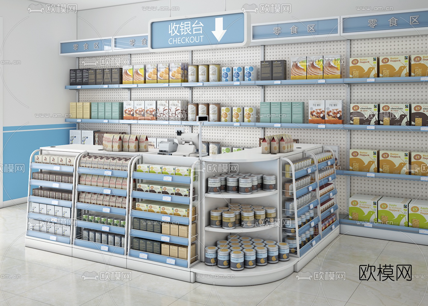 现代便利店收银台商品货架组合3d模型