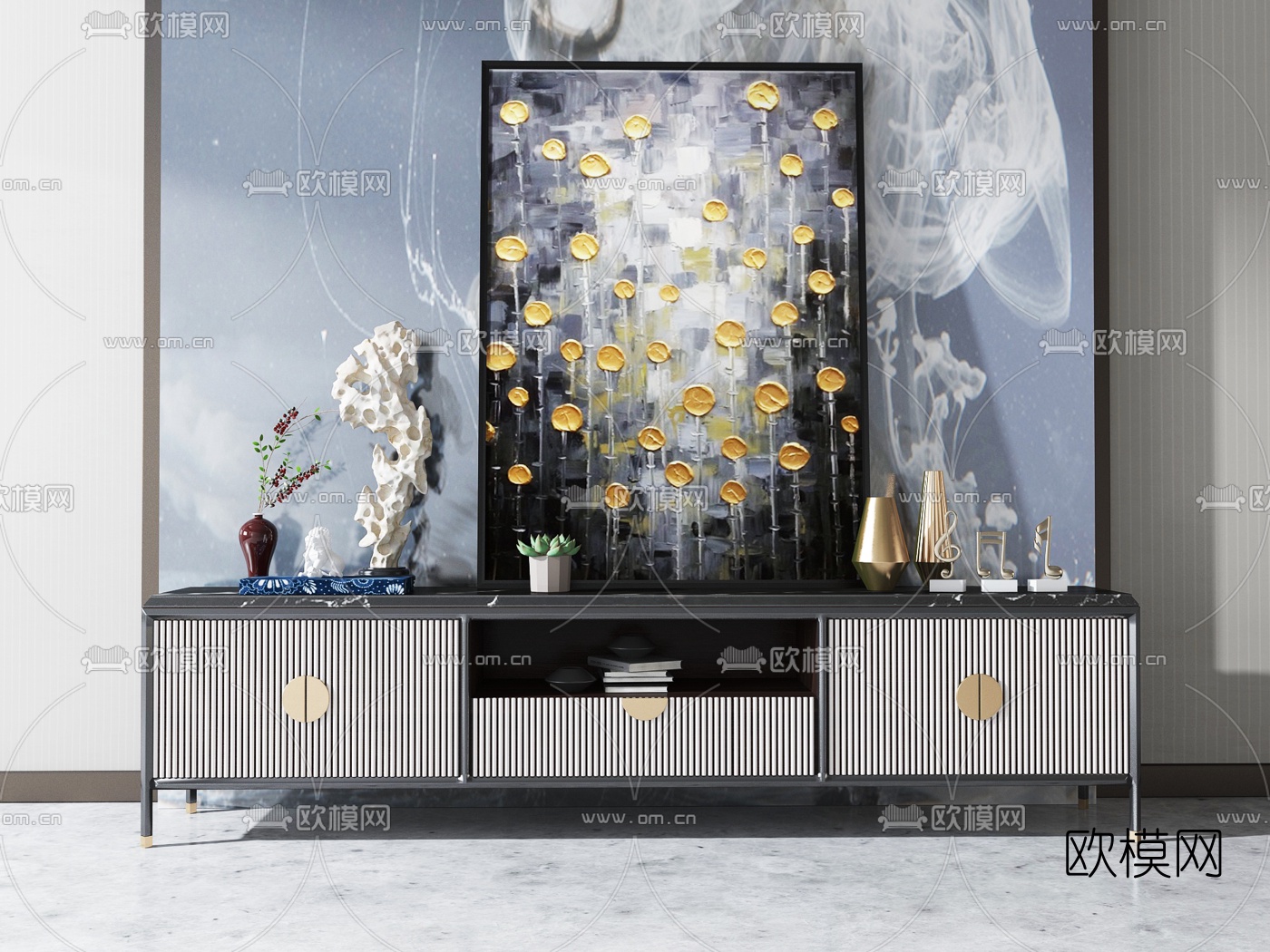 新中式实木电视柜3d模型下载