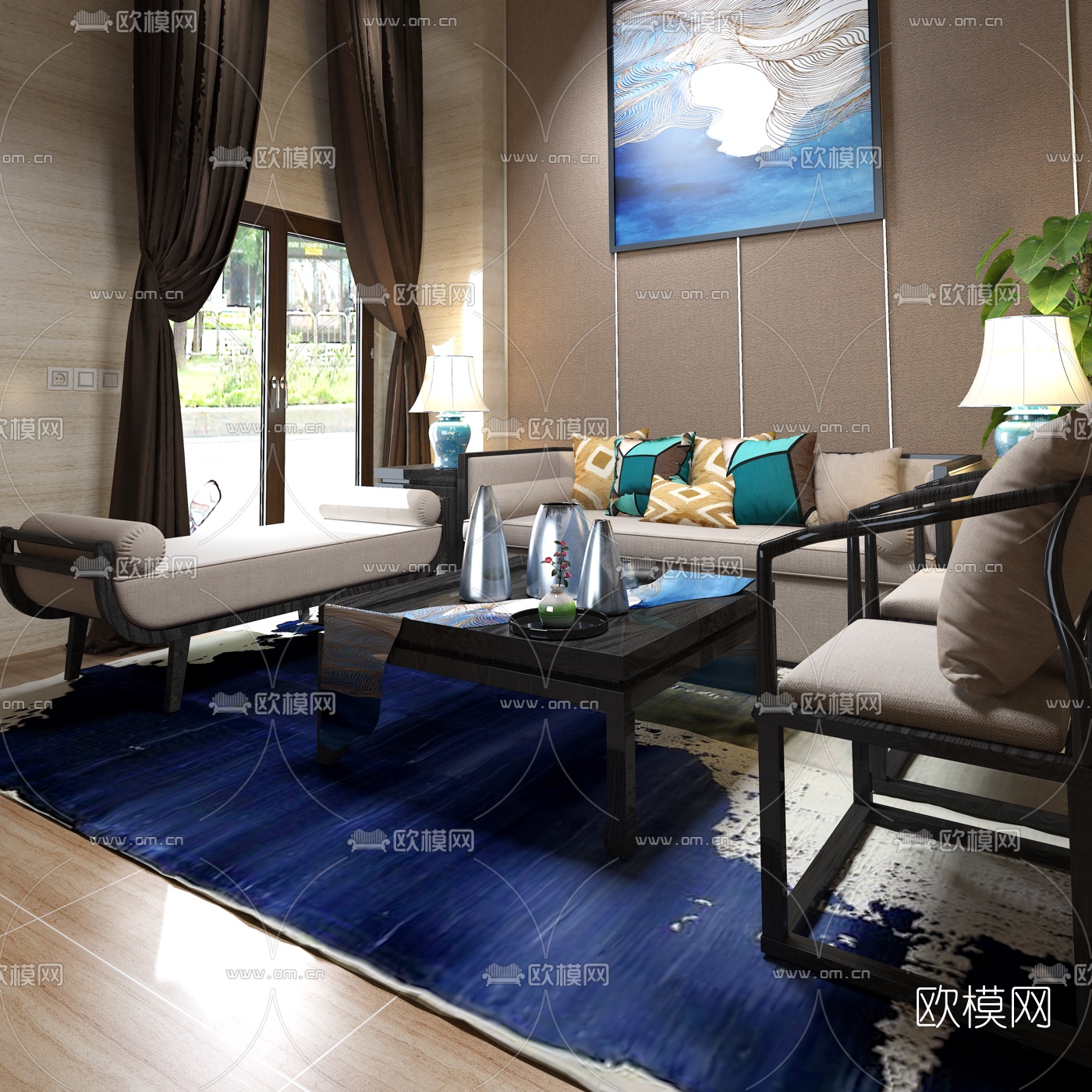 中式沙发茶几组合3D模型