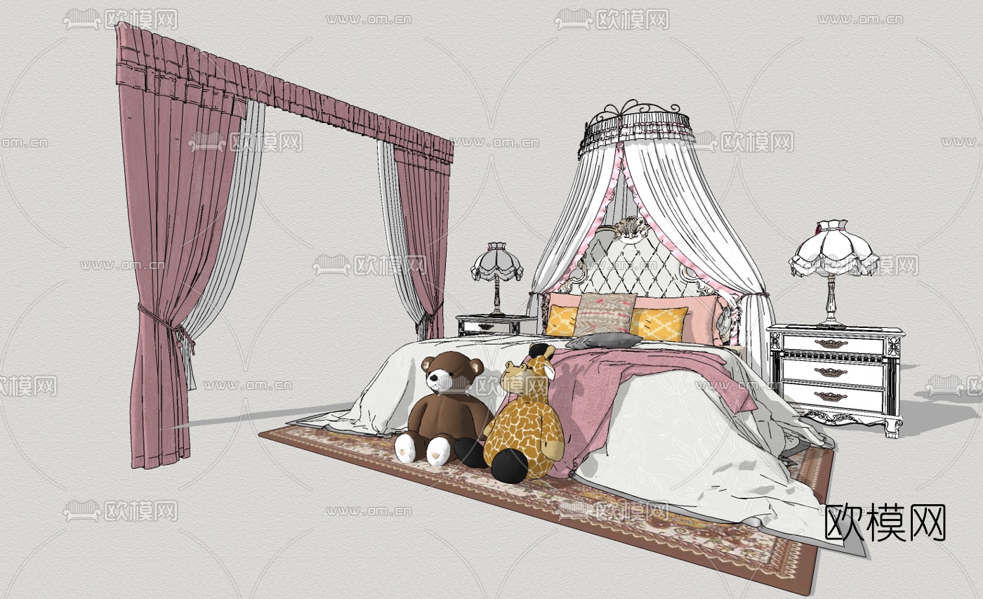 欧式儿童床公主床组合su模型下载（渲染图1）