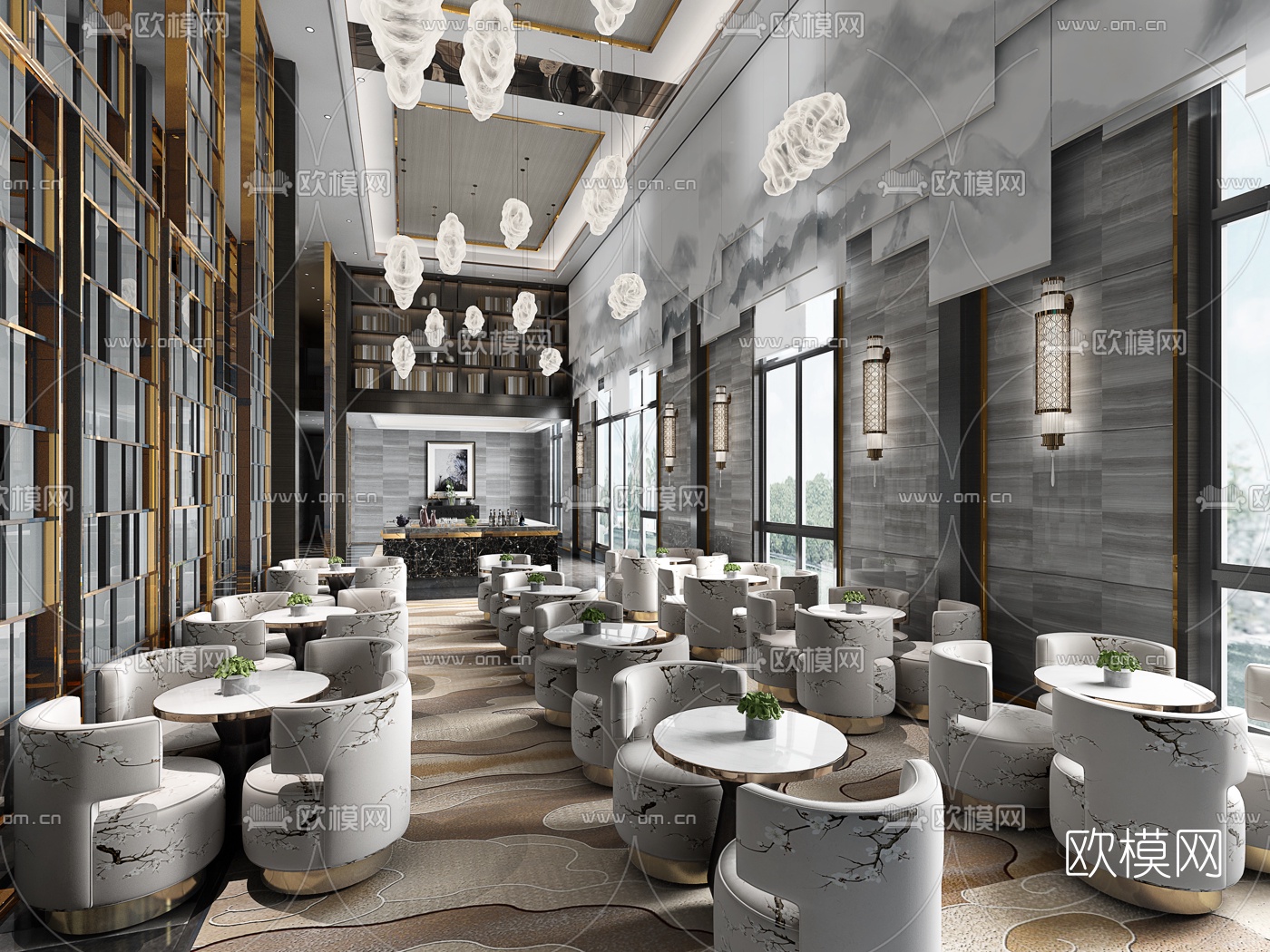 新中式售楼处洽谈区3d模型下载（渲染图1）