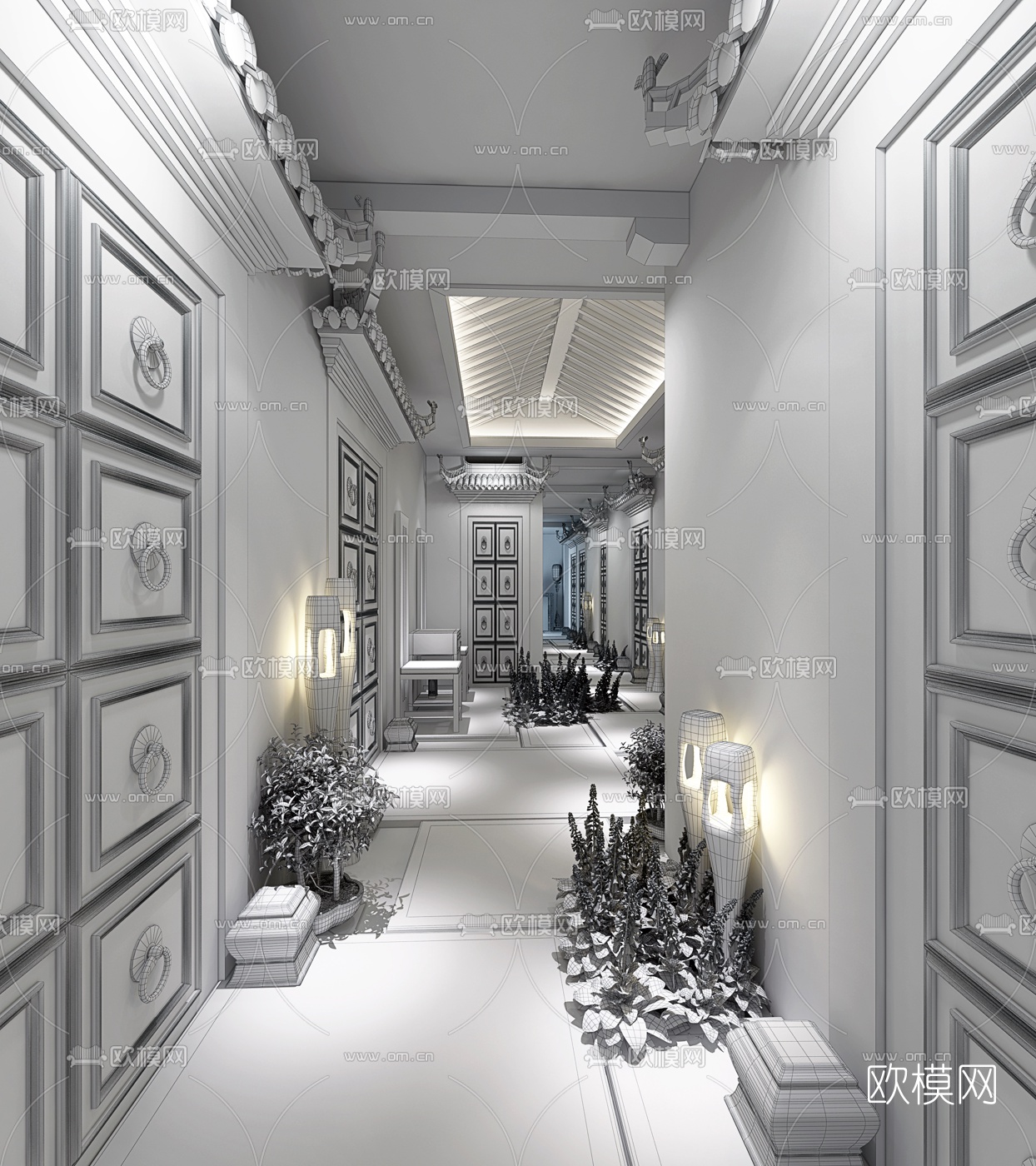 中式会所过道3D模型