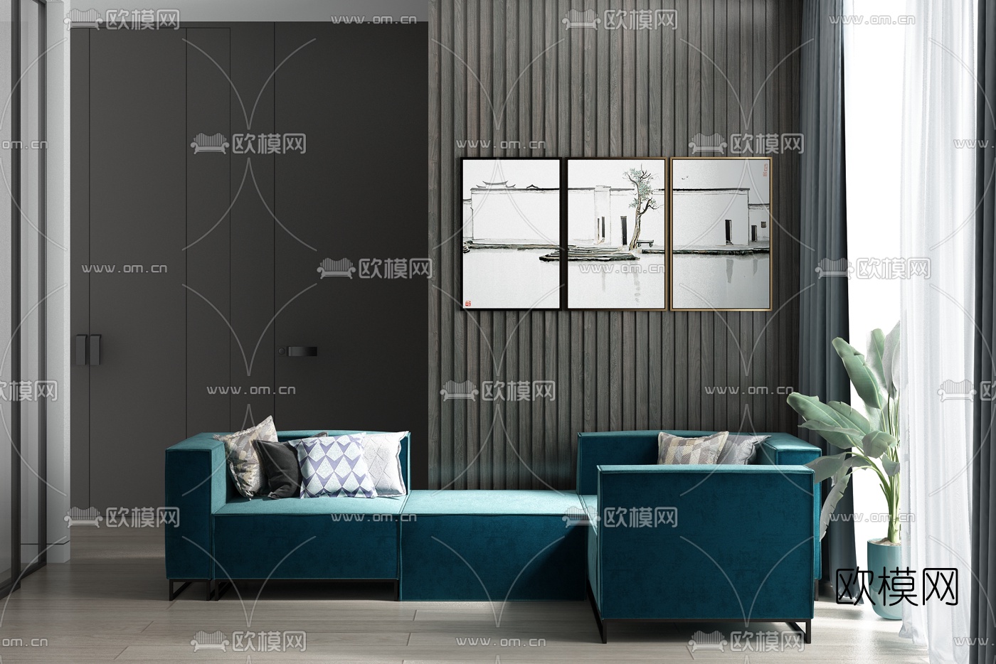 现代轻奢绒布转角多人沙发3d模型下载