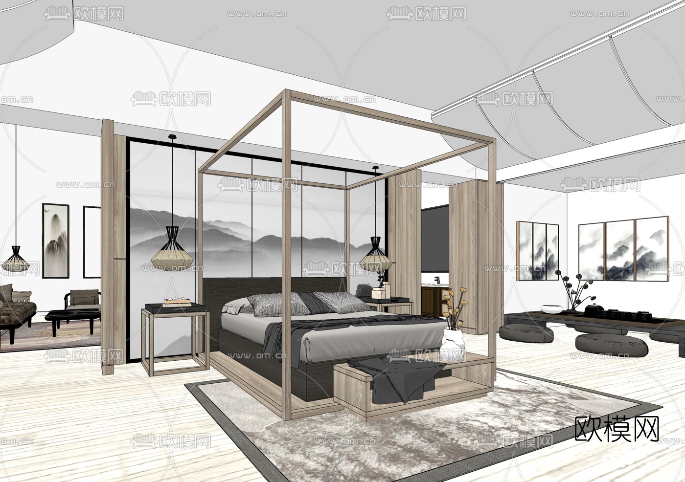 新中式卧室主人房su模型